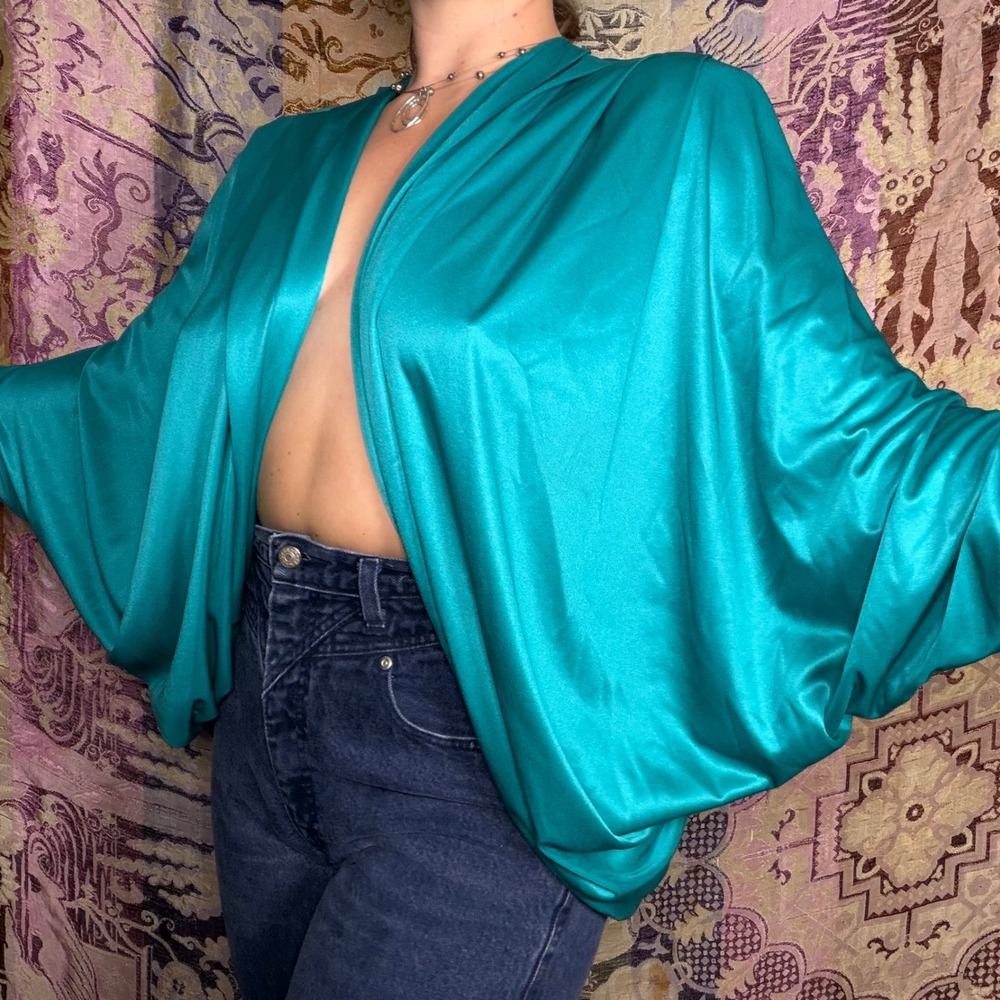 VTG Teal Satin Chic Structured Draped Bolero Shrug Top Dolman Sleeves One Size